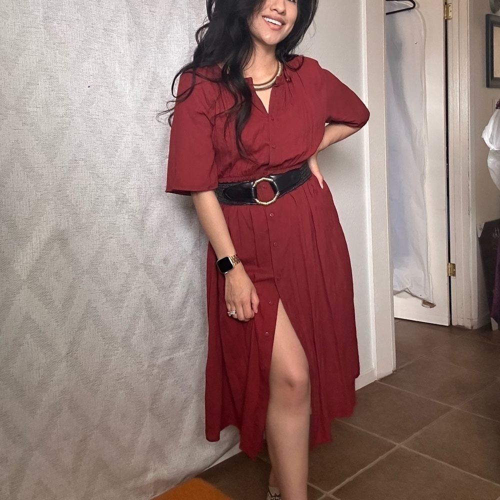 Zara burgundy cinched waist button down midi dress size M